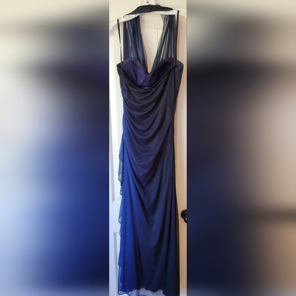 Navy Sparkle Halter Evening Dress - Picture 2 of 8